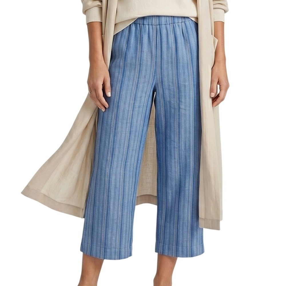 Vtg CHICO'S Design 100% Linen Wide Leg Cropped Pants Blue Striped Size 1 Medium